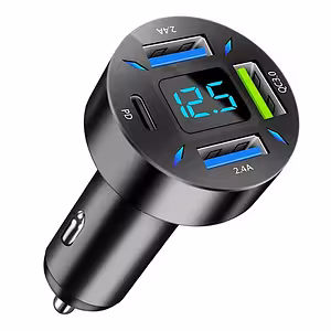 Bil-laddare med digital voltmeter, USB Type-C PD och Quick Charge 3.0 – snabbladdning via cigguttag 12–24V