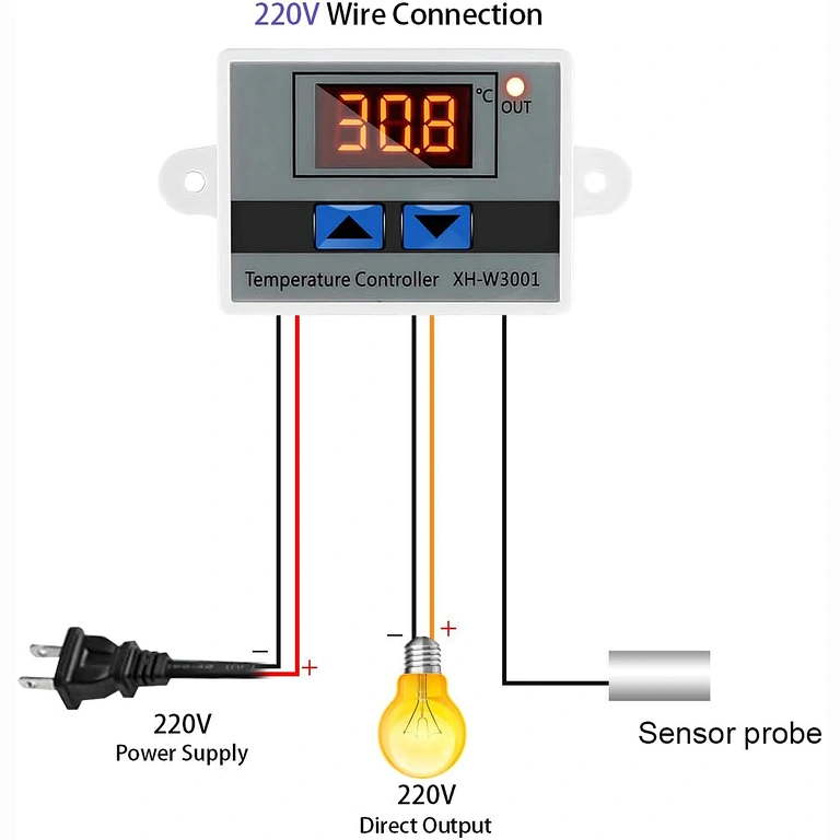 Kopplingsschema termostat XH-W3001 till 220V Monteringsschema för digital termostat XH-W3001 med 220V AC och reläanslutningar