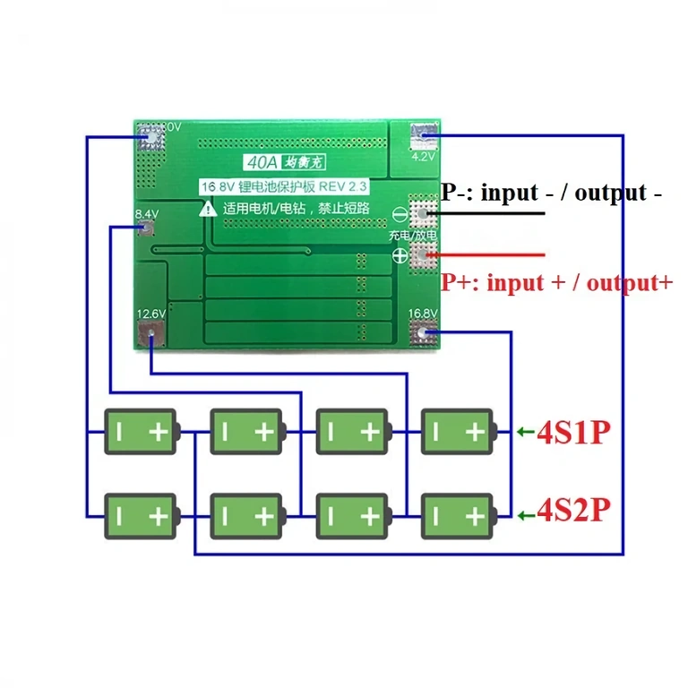 El-schema för montering av BMS 4S 40A Li-ion-batterimodul