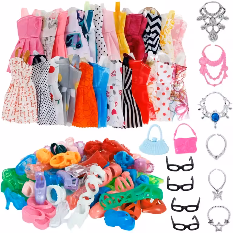 Klädset med klänningar, skor och accessoarer för Barbie – komplett dockkläder