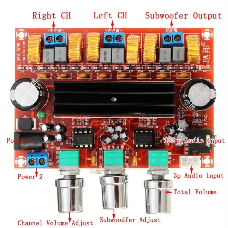 Installationsdiagram för stereo förstärkarkort med subwoofer