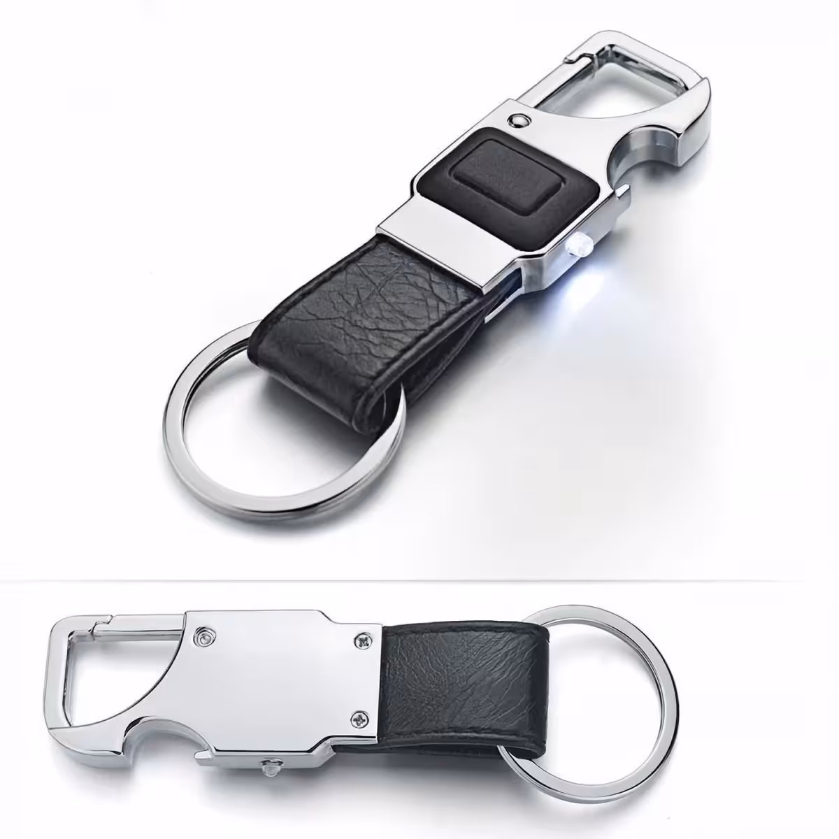 Nyckelring för modern man med LED, öppnare och läder