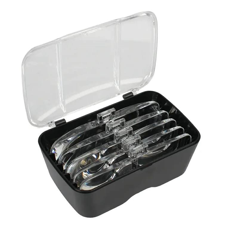 Förstoringsglasögon med fodral och rengöringsduk för linser