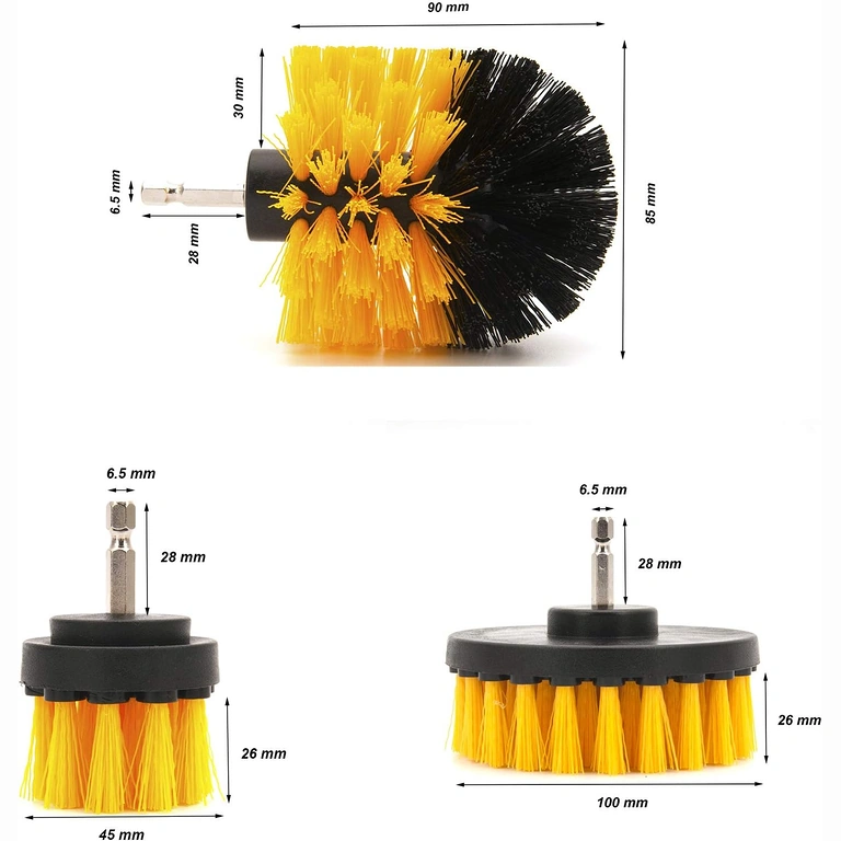 Bild med tre borstar och deras mått: 12 cm, 8,5 cm, 5 cm