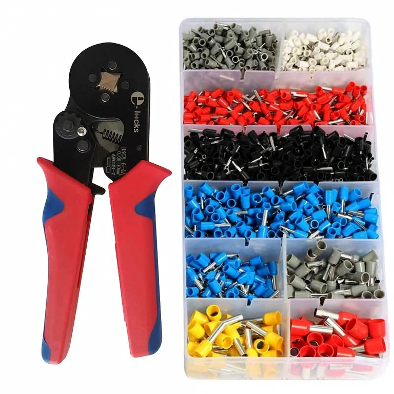 Självanpassande tång med spärrmekanism för pressning av ändhylsor