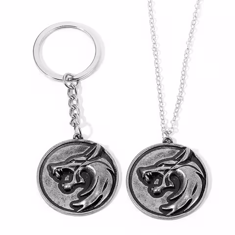 Set med Halsband och Nyckelring The Witcher – Silverfärgat Vargmedaljong, Antik Design