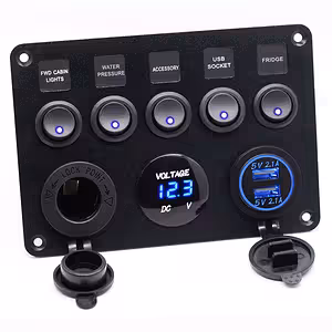 Bilströmbrytarpanel med 5 ON/OFF-knappar, Volt- och USB-uttag – 12V/24V, IP65 Vattenskyddad