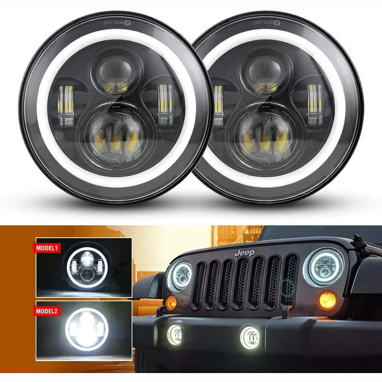 Halo LED-strålkastare Jeep Wrangler 7 tum Halo LED-strålkastare för Jeep, med positionsljus, helljus/närljus och blinkers