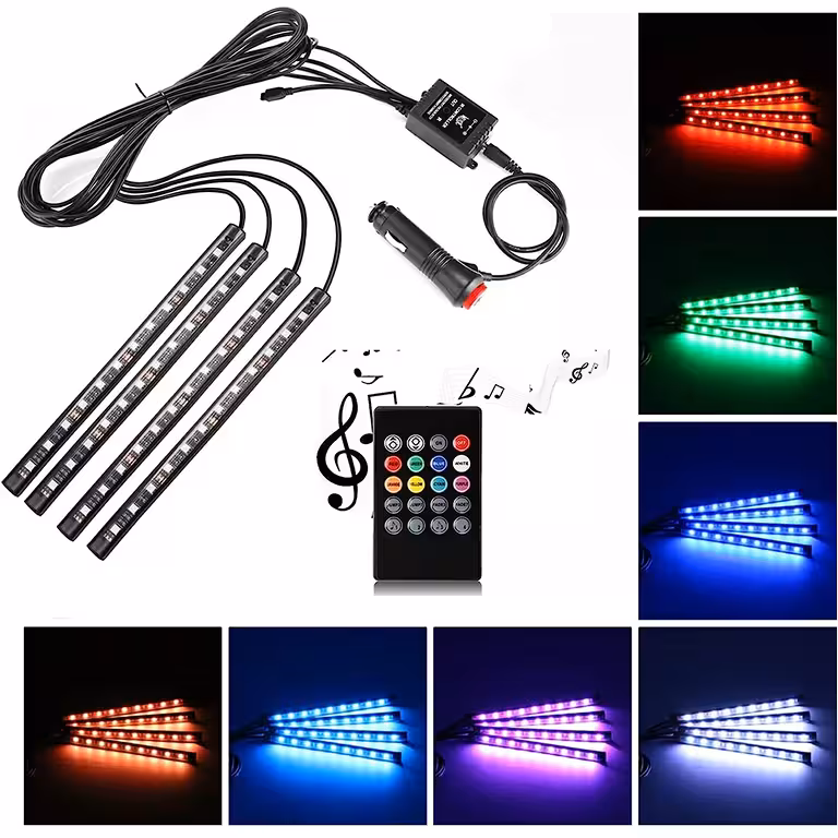 Interiörbelysning Bil – RGB LED-remssats med Ljudsensor, Fjärrkontroll