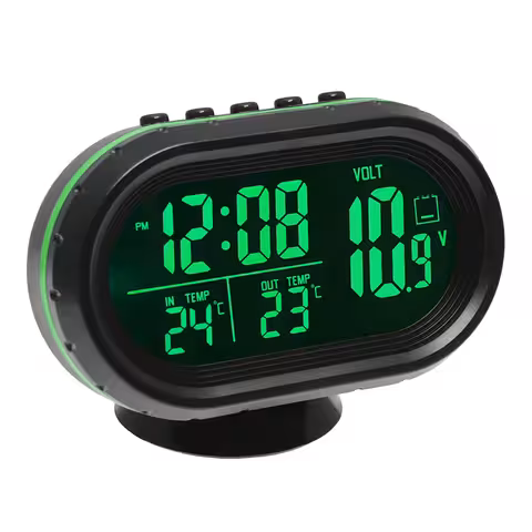 Bilklocka med Volt- och Temperaturmätare – Inne/Ute-display, med Sond, 12V/24V