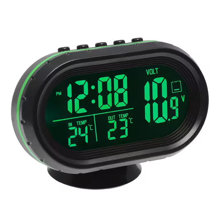 Bilklocka med Volt- och Temperaturmätare – Inne/Ute-display, med Sond, 12V/24V