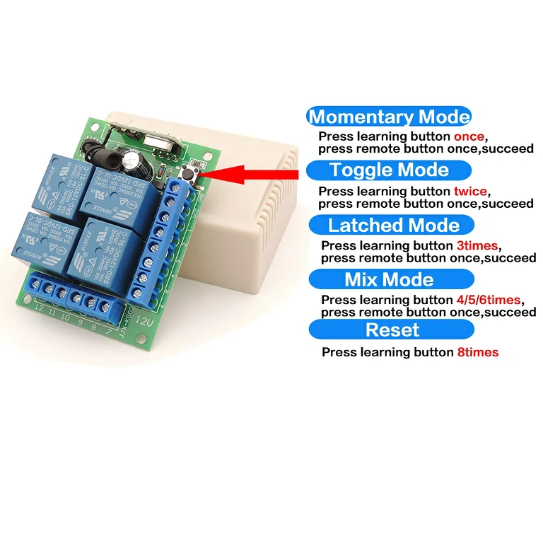 Kopplingsdiagram relä 4-kanaler 12V Relämodul med 12V fjärrkontroll för industriell och jordbruksautomation