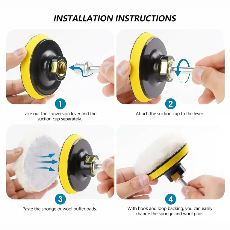 Bild på korrekt montering av polishsvampar på borrmaskin med adapter