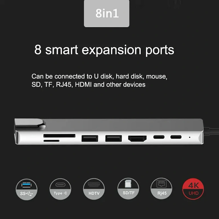 8-i-1 dockingstation med HDMI, RJ45, USB och kortläsare