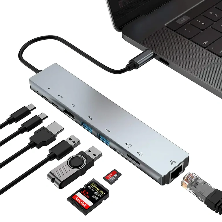 USB-C-adapter med HDMI, RJ45, USB och kortläsare för bärbara datorer