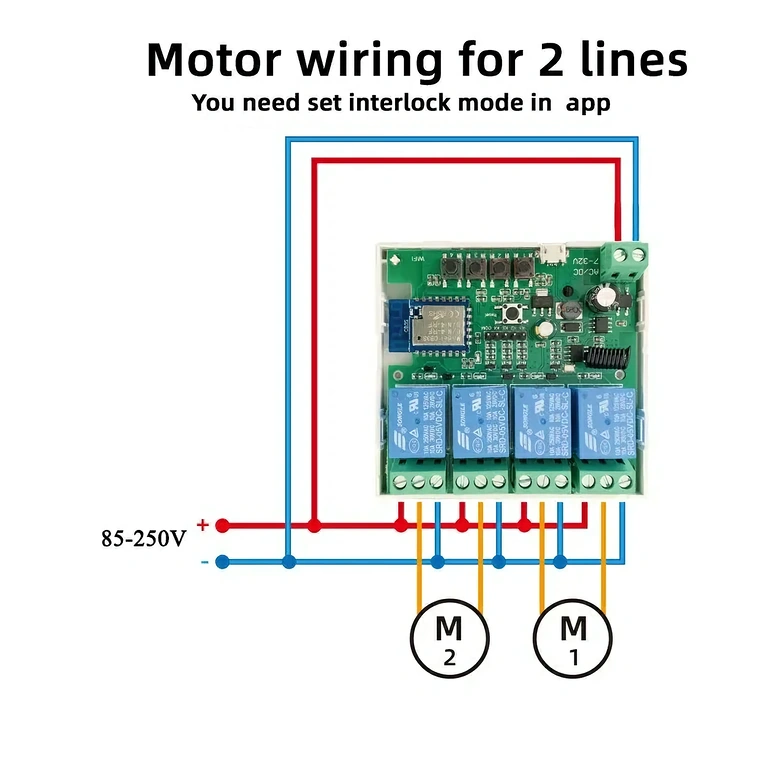 Illustration med anslutningsschema för relä till automatisk grindmotor