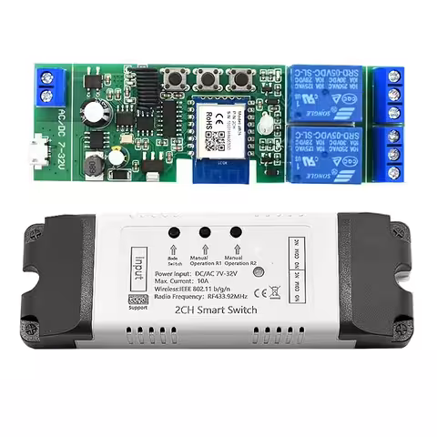 Smart WiFi-relämodul 2-kanaler 5V–24V kompatibel med Tuya Smart Life