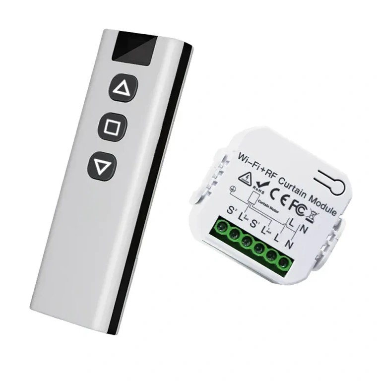 Detalj av smart fjärrkontroll för gardiner, persienner eller rullgardiner