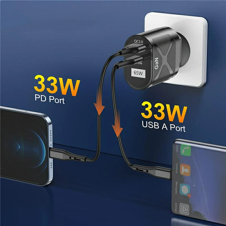 Kompakt GaN-laddare med USB-C och USB-A, idealisk för resor