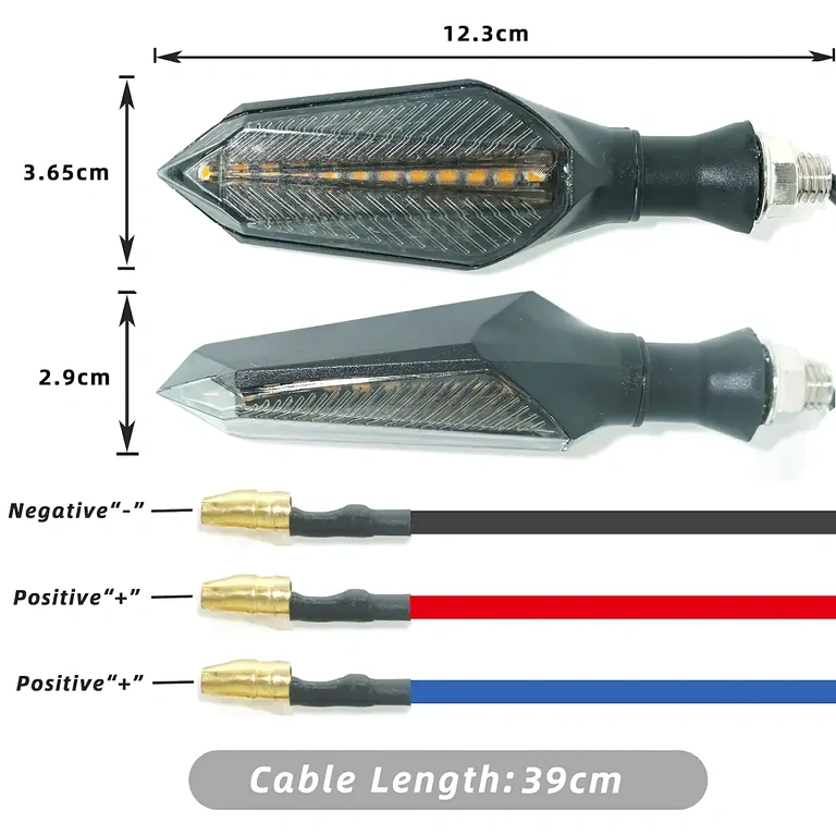 Blinkers med svart, blå och röd kabel för anslutning