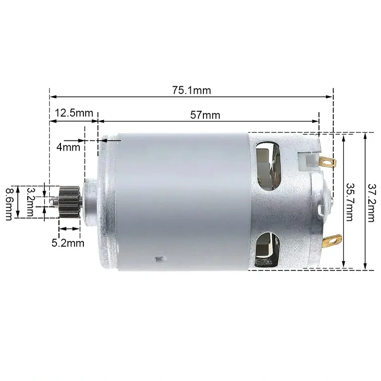 Mått på DC-motor RS-550, inklusive diameter och längd