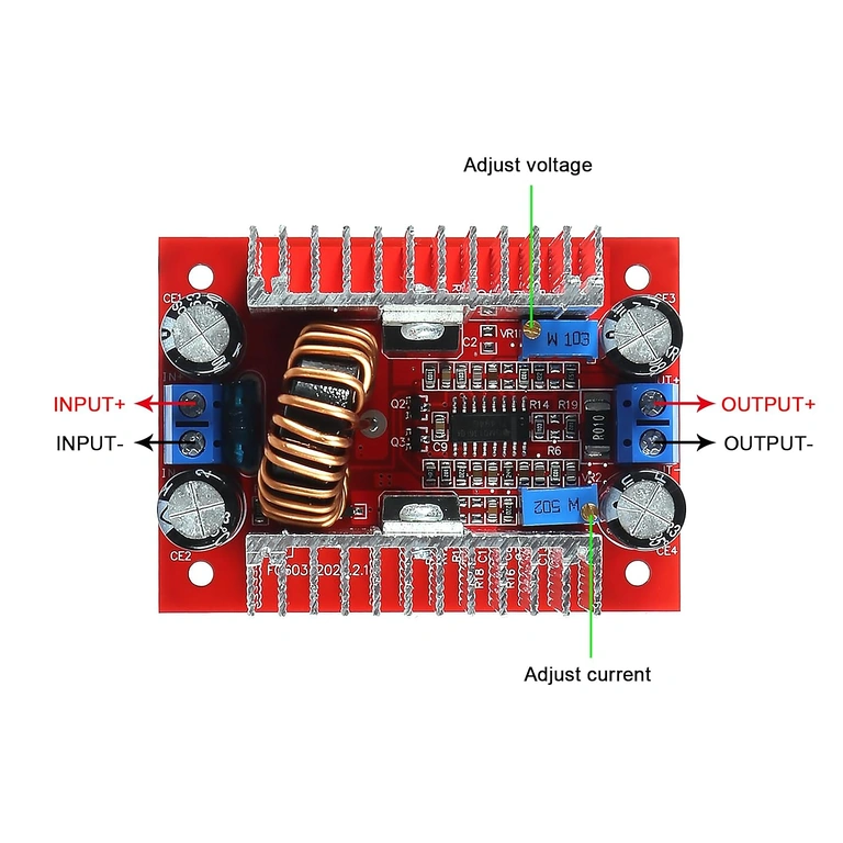 Anslutningsschema för Step-up Boost DC 400W modul Detaljerad skiss av kabelanslutning till Step-up Boost DC 400W-modul