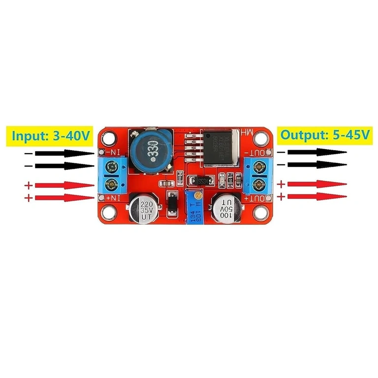 Kopplingsdiagram för XL6019 DC-DC Boost Converter, visar ingångar och utgångar för enkel installation
