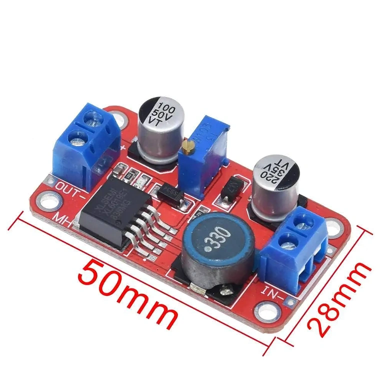 Mått på XL6019 DC-DC Boost Converter: 50 mm x 28 mm x 13 mm, perfekt för olika projektintegrationer