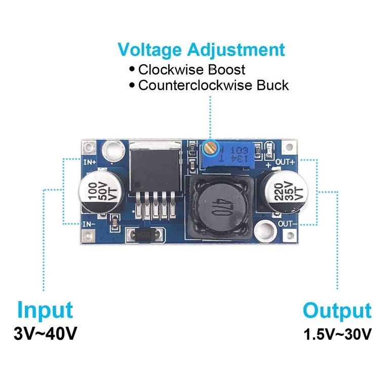 Anslutningsexempel LM2596S – ingång 4-35V, utgång 1.23-30V Kopplingsschema för LM2596S DC-DC step-down modul med spänningsjustering 1,25–35V