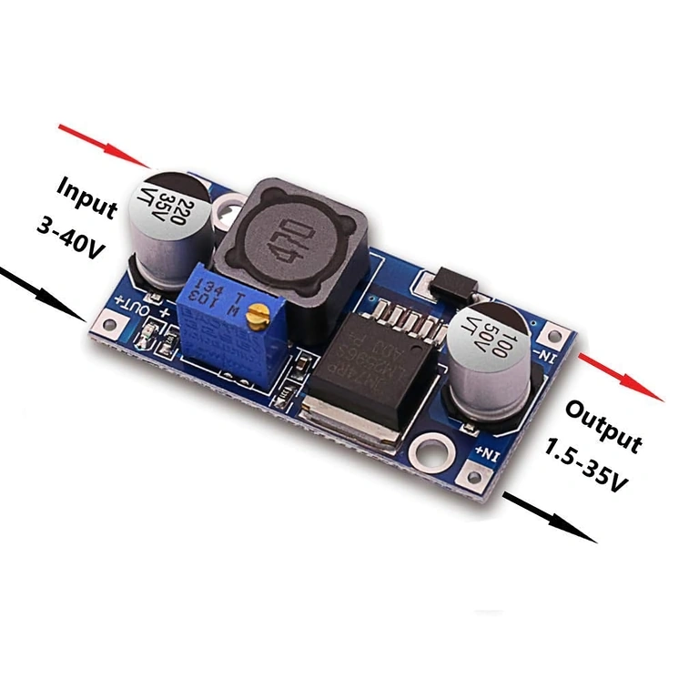 Anslutningsschema LM2596S modul – schema 2 LM2596S-modul i praktisk anslutningskonfiguration