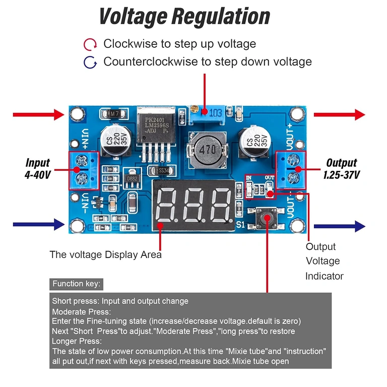 Exempel på anslutning av ingång och utgång på LM2596-modul