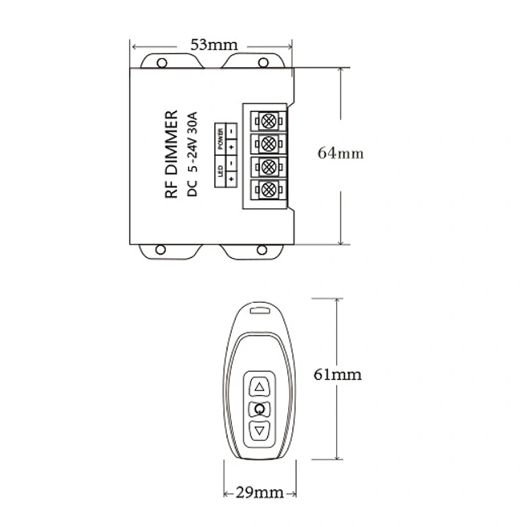 Bild med exakta mått på LED-banddimmer 5V 12V 24V 30A
