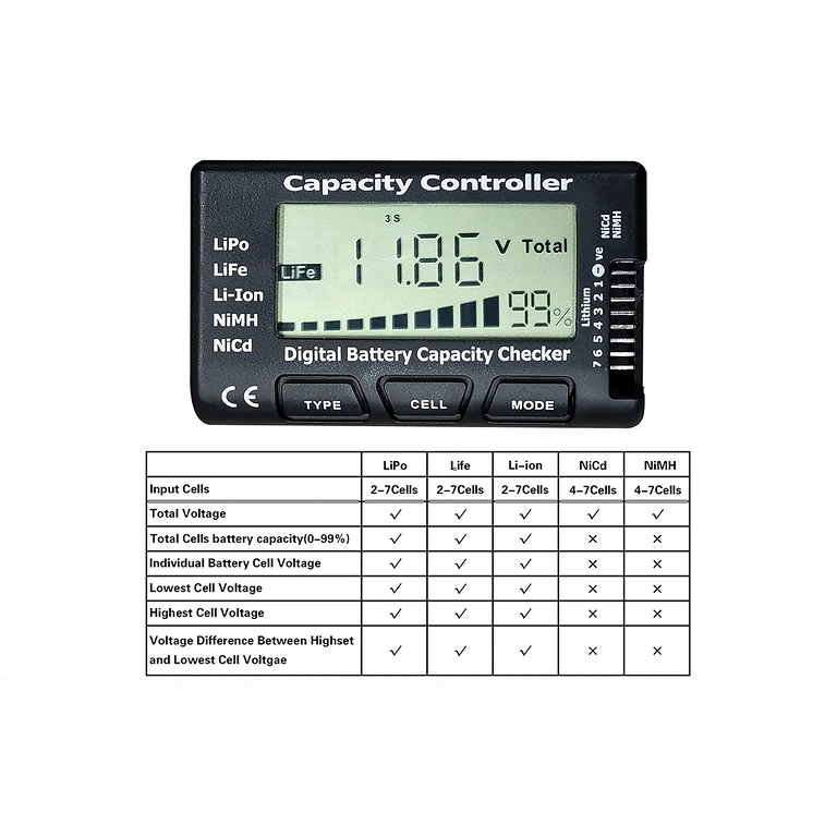 Digital 2–7S Li-Ion, LiPo, LiFe tester med hög noggrannhet