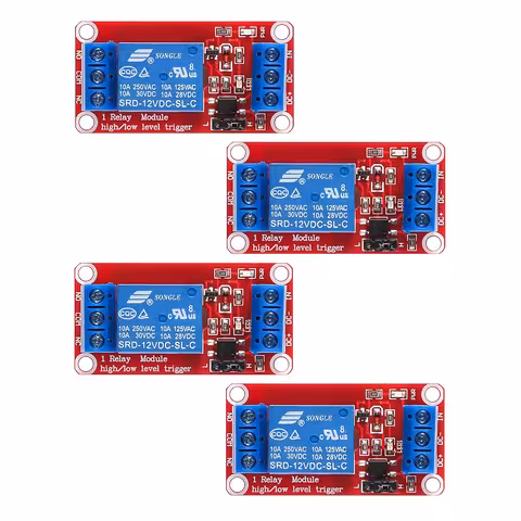 Set om 4 st: Styrrelä 5V / 12V med optokopplare – 1-kanals modul, NC/NO, High/Low trigger, 10A