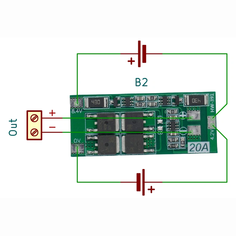 Elektriskt diagram för BMS 2S 20A-modul med balans, användbart för korrekt installation i Li-ion-paket