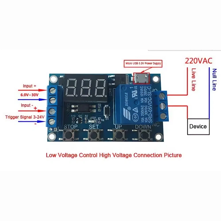 Visuella instruktioner för anslutning av relämodul 6–30V med justerbar timer
