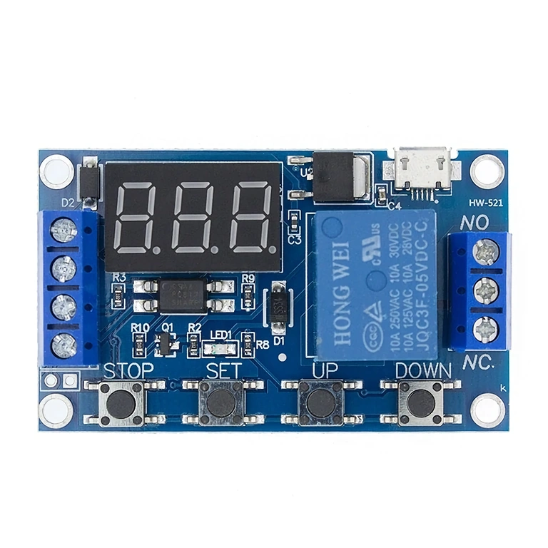 Översikt av relämodul med timer 6–30V