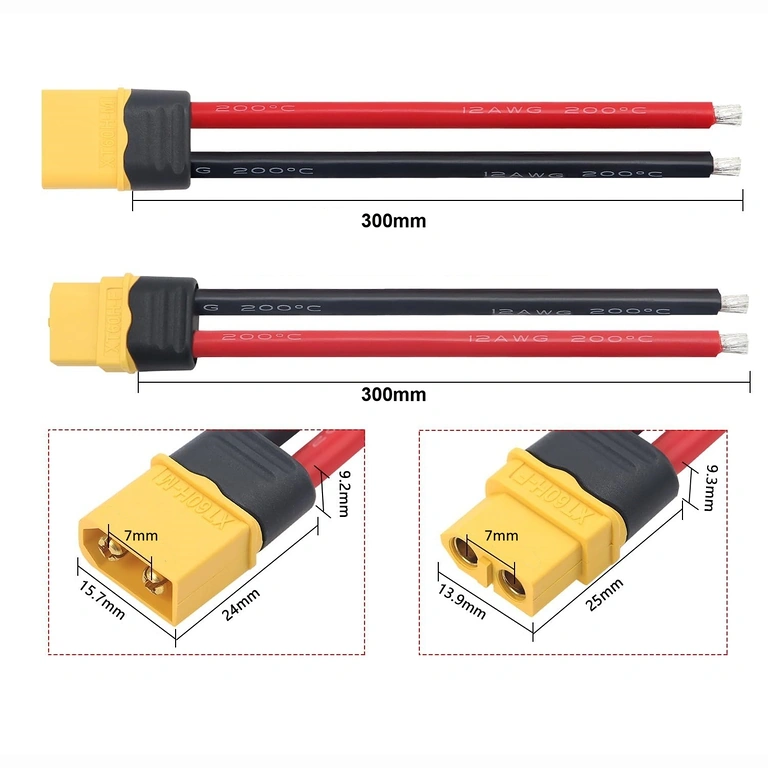 Skiss med mått på XT60-hona och hane-kontakt
