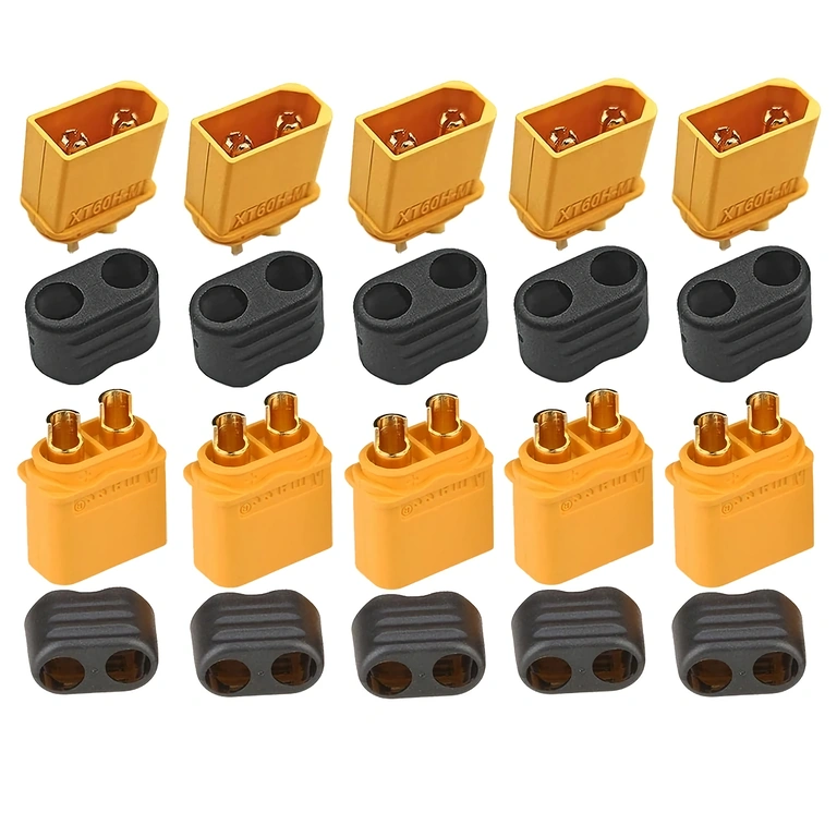 Vy uppifrån på setet med 5 XT60H-kontakter, visar guldkontakterna