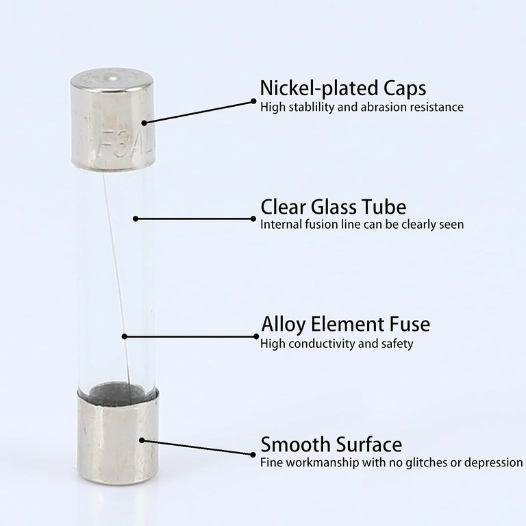 Detalj av metalländar på glas-säkring 10A 5x20 mm